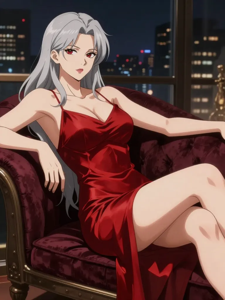 Anime illustration of a silver-haired adult woman in a red satin slip dress on a velvet chaise