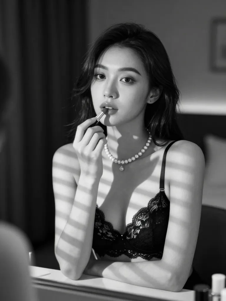 Black and white photo of a young woman in a lace bra and pearls applying lipstick at a mirror