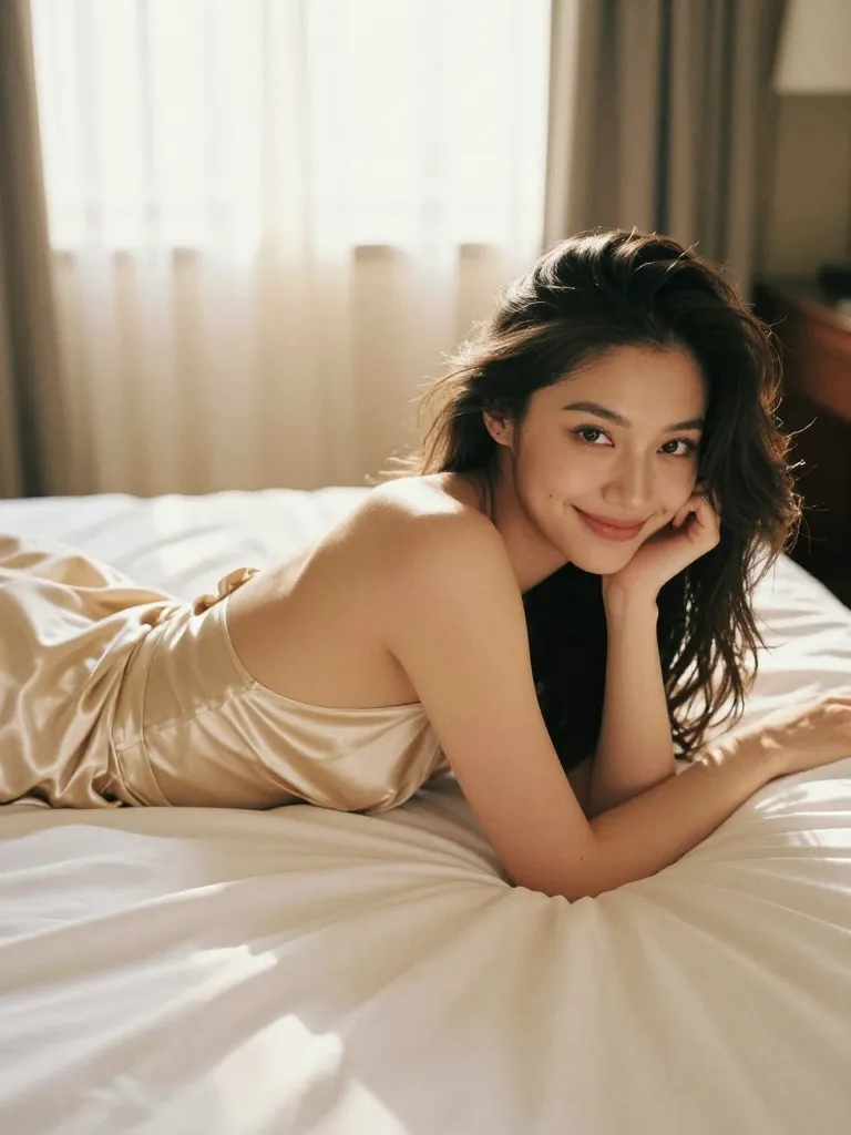 Young woman lying on white silk sheets with a satin robe at her waist, smiling at the camera